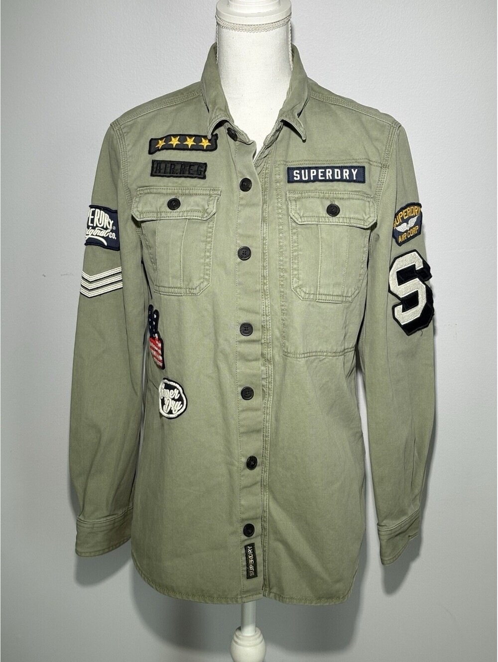 Superdry Women's Embroidered Scout Shirt Army Green Military Utility Patches S